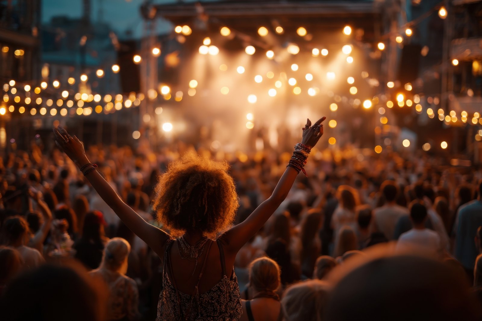 Group of friends arriving at a Toronto music festival after travelling by charter bus